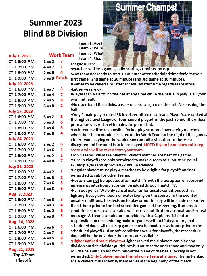 Sand Volleyball Blind BB League Schedule