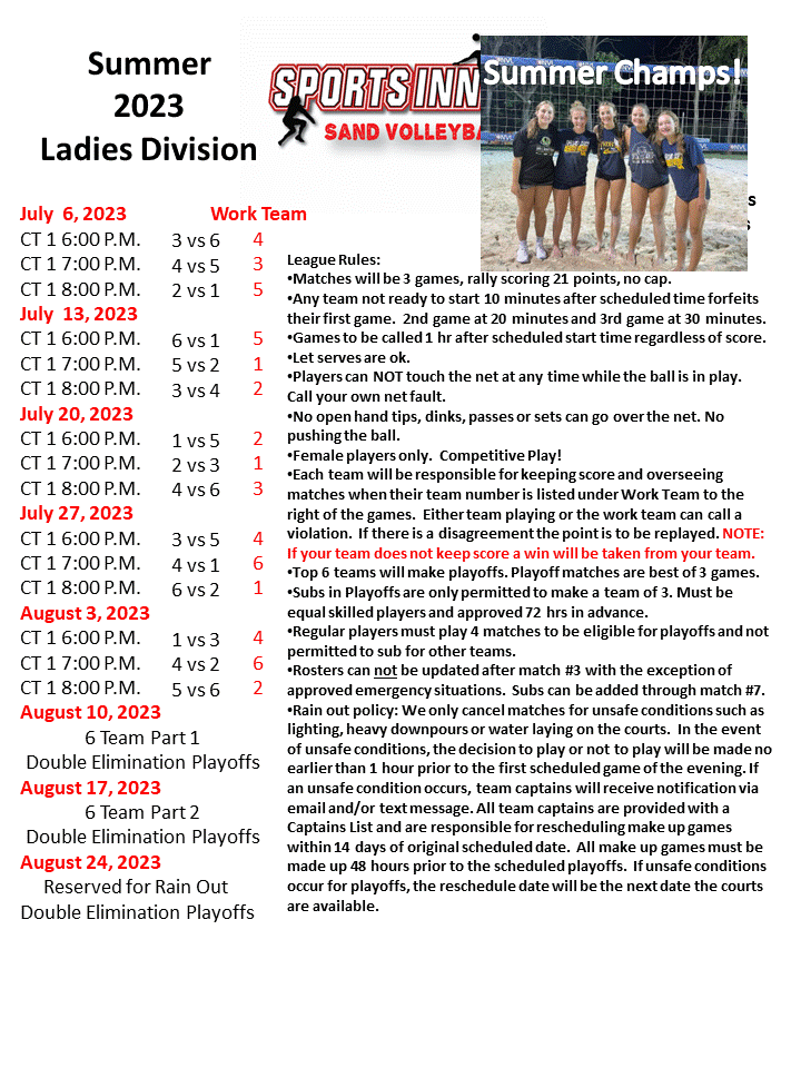 Sand Volleyball Ladies League Schedule